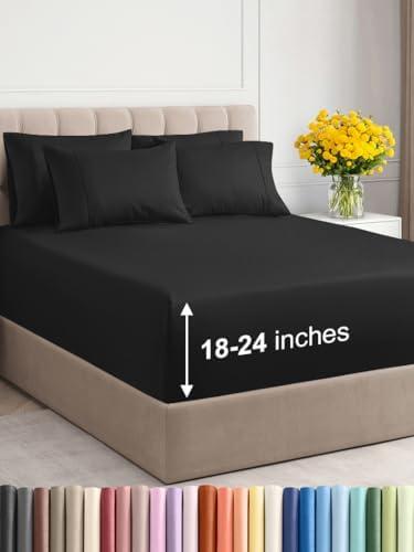 Extra Deep Queen Sheet Set - 6 Piece Breathable & Cooling Sheets - Hotel Luxury Bedding Set w/18-24 Inch Extra Deep Pockets - Easy & Secure Fit - Super Soft, Wrinkle Free & Comfy - Black, Queen Size