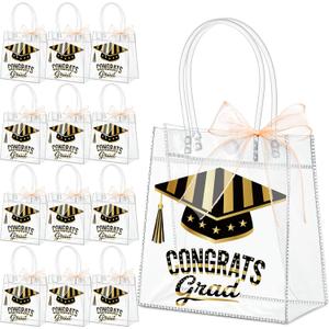 Aliceset 24 Pcs 2026 Graduation Gift Bags with Handles Clear Congrats Party Favor Tote Bag Reusable PVC Goodie Handbags for Graduation Party Decoration Supplies, 6.31"x 5.91"x 3.15"