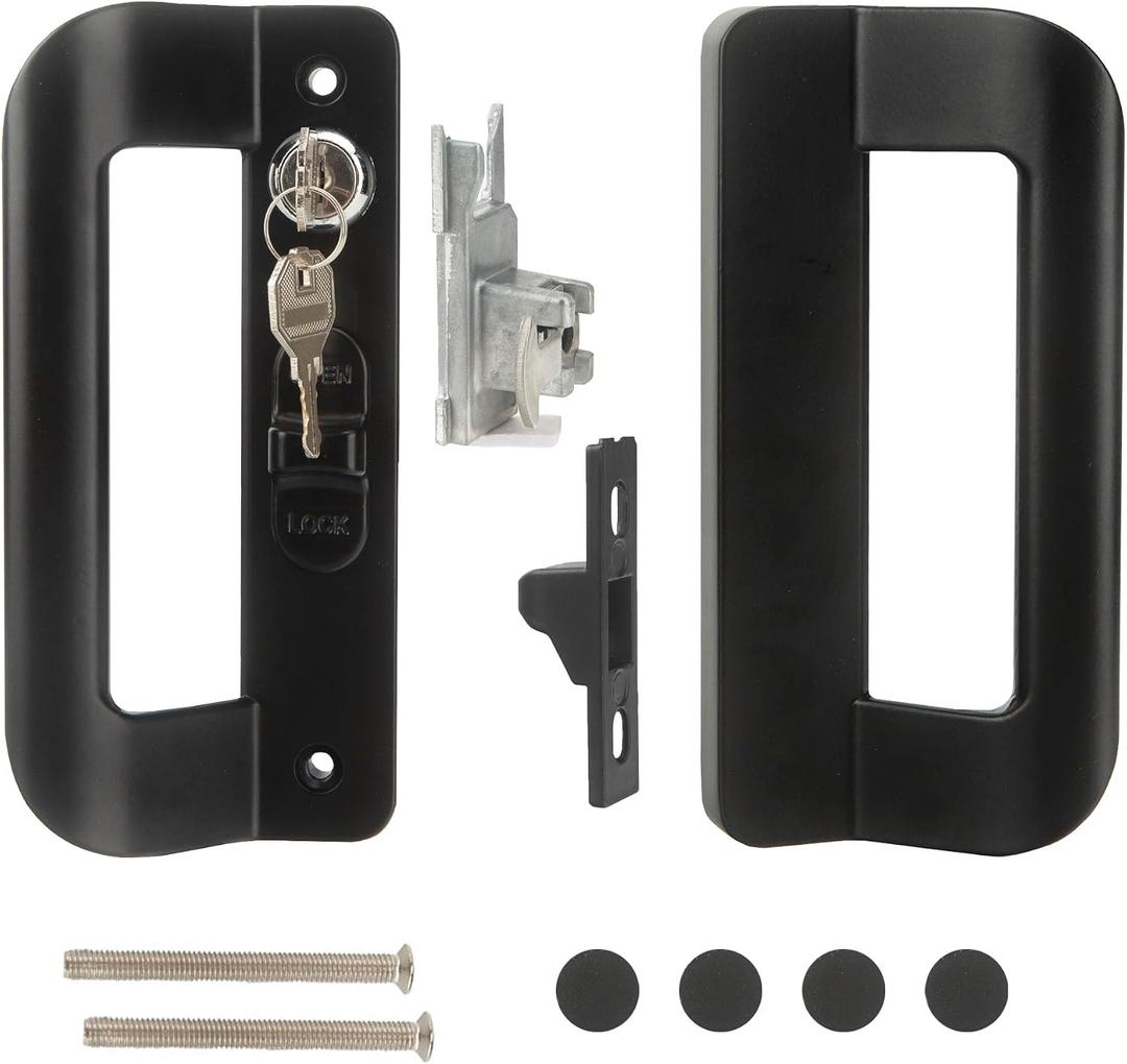 Sliding Door Handle Set 5-5/8 Inch Hole spacing, Full Replacement Patio Sliding Door Handle Set with Mortise Lock & Key, Front and Back Side Replacement Handle Lock Set -Black