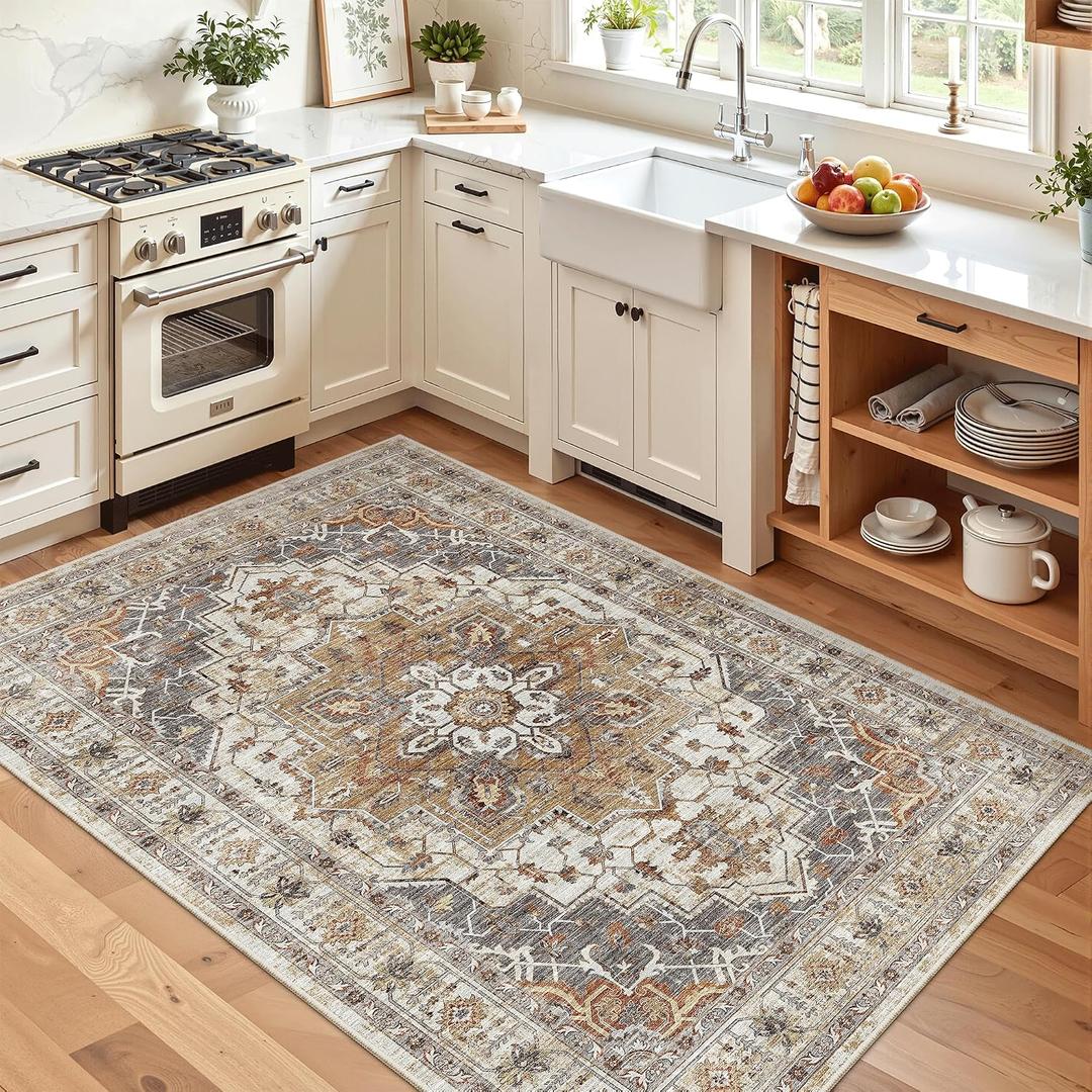 Madane Area Rug 4x6 Washable Rugs: Vintage Living Room Rug Soft Low Pile Non Slip Area Rugs Distressed Indoor Floor Carpet for Bedroom Kitchen Dining Room Home Decor, Turmeric/Grey