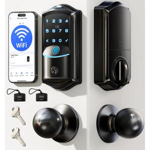 Veise VE027-K Built-in WiFi Smart Lock with 2 Knob, Fingerprint Keyless Entry Door Lock Handle Set for Front Door, App Remote Control, Electronic Digital Keypad Deadbolt, IP65 Waterproof, Matte Black