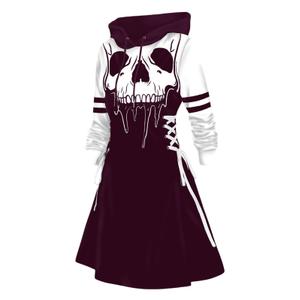 DRESSFO Women’s Gothic Skull Print Hoodie Dress – Long Sleeve Lace Up Colorblock A-Line Mini Dress with Hood (Concord/Small)