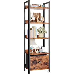 Furologee 5 Tier Bookshelf with Drawer, Tall Narrow Bookcase with Shelves, Wood and Metal Bookshelves Storage Organizer, Industrial Display Standing Shelf Unit for Bedroom, Living Room, Rustic Brown
