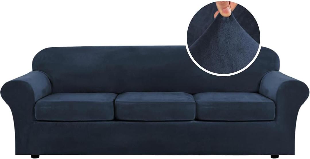 H.VERSAILTEX High Stretch Sofa Slipcover 4 Piece Cover Velvet Furniture Protector Form Fit Thick Velvet Extra Large Sofa Cover for 3 Cushion Couch Width Up to 97 Inch (Large Sofa, Navy)