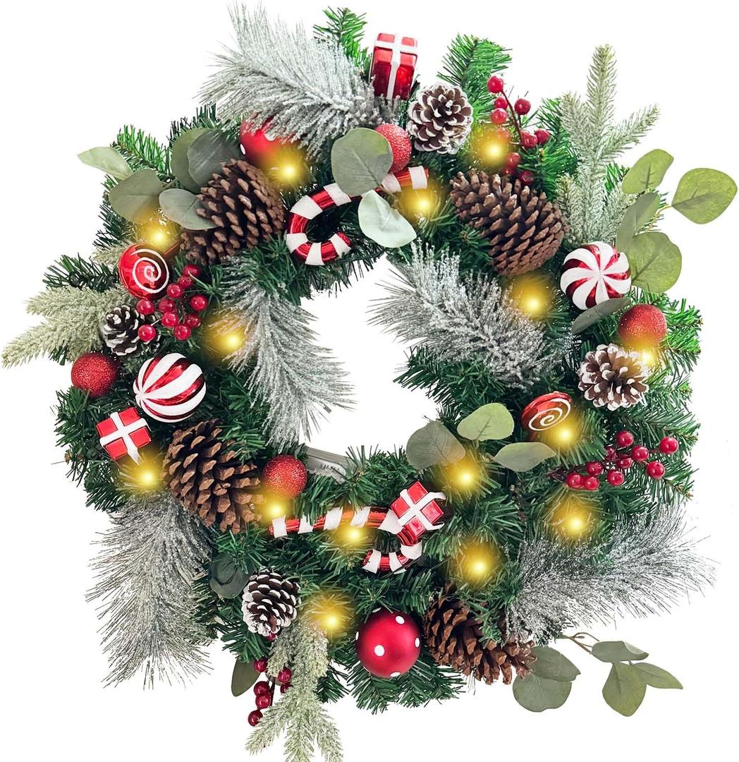 WANNA-CUL Pre-Lit 24 Inch Lighted Christmas Wreath for Front Door Red White Christmas Door Wreath Decoration with Ball Ornaments, Candy Canes,Eucalyptus Leaves, Battery Operated 30 LED Lights