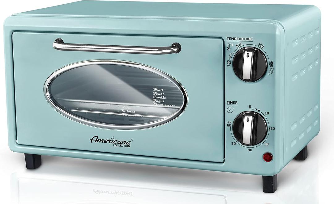 Elite Gourmet by Maximatic Americana Collection ETO147M Diner 50s Retro Countertop Toaster oven, Bake, Toast, Fits 8 Pizza, Temperature Control & Adjustable 60-Minute Timer 1000W, 2 Slice, Mint