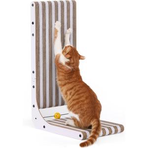 FUKUMARU Cat Scratcher, 26.8 Inch L Shape Cat Scratch Pad, Strip Pattern Cats Scratching Post Wall Mounted, Cardboard Cats Scratcher with Ball Toy for Indoor Kitty, Fun Playing Box Included, L