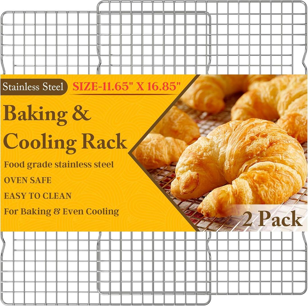 2PCS Cooling Racks for Cooking and Baking -11.65''x16.85''Heavy Duty Stainless Steel Wire Rack for Baking, Grilling, Roasting - Oven & Dishwasher Safe - Fits Half Sheet Pan (Silver)