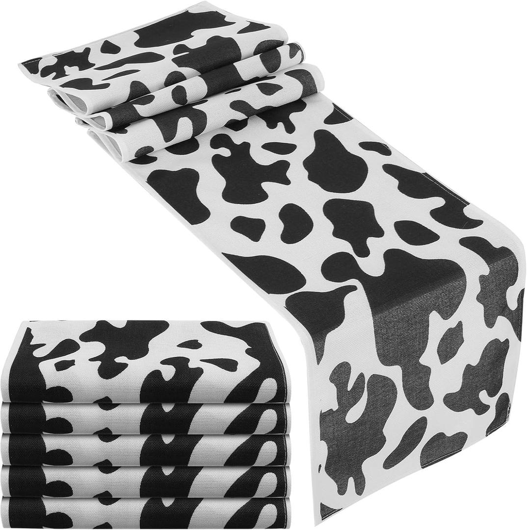 6 Pcs Cow Print Table Runner, Black and White Farm Cow Print Tablecloth Farmhouse Decor for Cowboy Themed Parties Dining Room Kitchen and Home Decorations 13 x 72 in