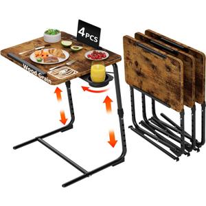 TV Trays Set of 4 - Folding TV Tray Adjustable Dinner Trays for Eating On Couch Wooden Tables Mate Stand Foldable Rustic Desk with Cup Holder Portable, 20.5" L x 15.5" W x 22.3"-29" H