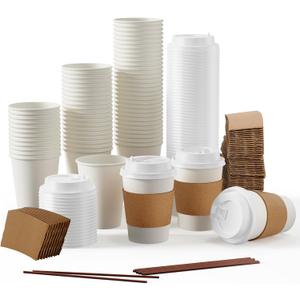 [100 Pack] 12 oz Paper Coffee Cups, Disposable Paper Coffee Cup with Lids, Sleeves, and Stirrers, Hot/Cold Beverage Drinking Cup for Water, Juice or Tea, Suitable for Home, Shops and Cafes