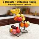 3 Tier Fruit Basket Bowl with 2 Banana Hooks, Solid Metal Standing Vegetable Storage for Kitchen Counter, Large Capacity Organizer for Bread Snack Produce (Black)
