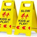 2 Pack Kids at Play Safety Signs for Street, Children at Play Safety Signs with Reflective Tape 17.5" Height Double-Sided Easier to Identify, Slow Down Kids at Play Sign for Street Neighborhoods Community(Yellow)