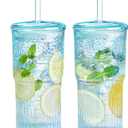 Puraville 20oz Glass Cups with Lids and Straws, 2 Pack High Borosilicate Iced Coffee Cups Drinking Glasses Tumbler for Smoothie, Water, Tea, Juice Drinks, Shimmering Blue