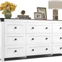WLIVE Farmhouse Dresser for Bedroom, 63" Wide 9 Drawer Dresser Storage Organizer, Wood Chest of Drawers for Bedroom, TV Stand for 70 inch TV, for Living Room, Hallway, Ball Bearing Slide (White)
