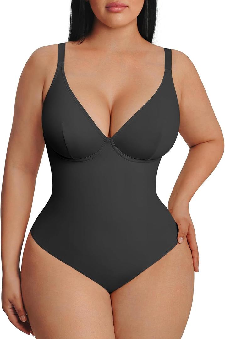 FeelinGirl Shapewear Bodysuits for Women Tummy Control Body Suits Deep V Neck Thong Body Shaper (X-Large, Black)