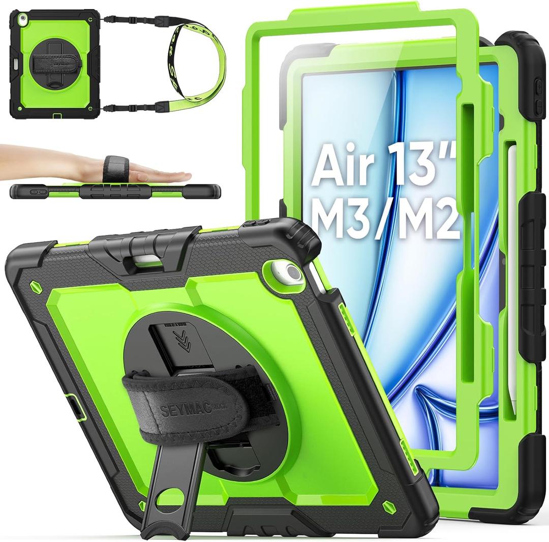 SEYMAC stock for iPad Air 13 inch Protective Case M3 2025/ M2 2024, Heavy Duty Case with Screen Protector, Pencil Holder, Rotating Stand, Hand Strap, Shoulder Strap, Green