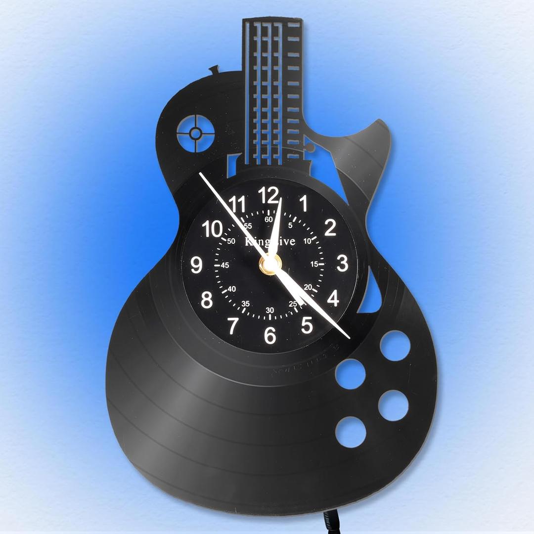 KingLive Music Wall Clock, Guitar Vinyl Clock, LED 6-Color Art Night Light Home Decor, Music Instrument Clocks Halloween for Men Guitarist