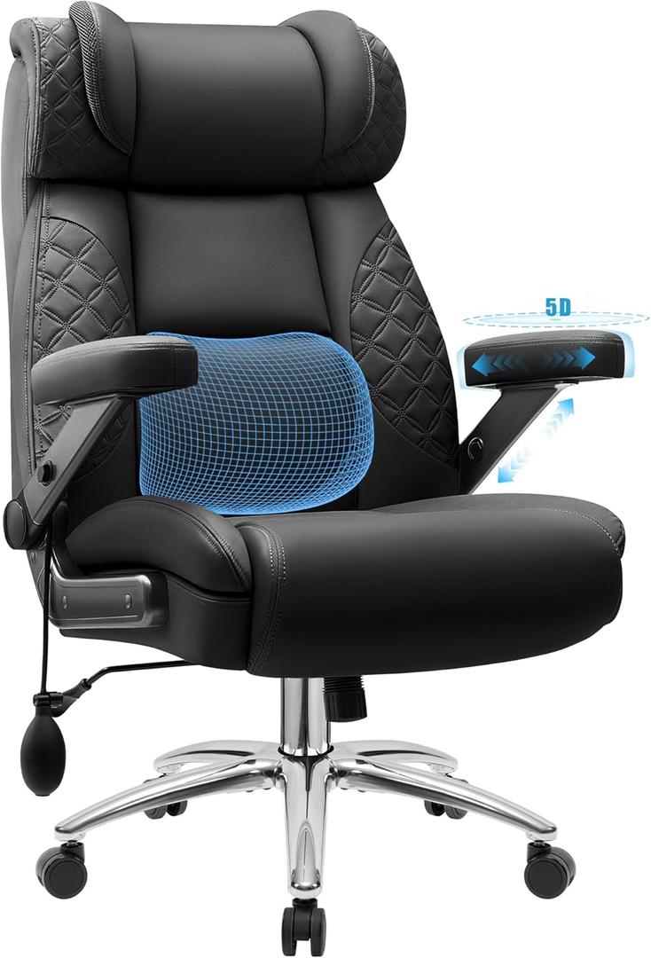 Big and Tall Office Chair, Desk Computer Chair for Heavy People, Oversized Executive Gaming Chair, Extra Wide 500LBS Ergonomic Comfy Office Chair with Adjustable Lumbar Support & 5D Flip Arms (Black)