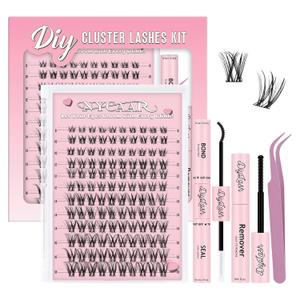 NYCAAR Lash Clusters Kit Wispy Natural Lash Extension Kit D Curl 144Pcs Fluffy Individual Lashes 818mm Anime Eyelash Extension Kit with Bond and Seal,Applicators DIY Lashes Kit at Home(NY03)