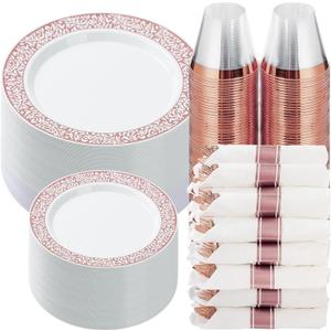 Goodluck 350 Piece Rose Gold Plastic Dinnerware Set for 50 Guests, Disposable Lace Plates for Party, Include: 50 Rose Gold Party Plates, 50 Dessert Plates, 50 Pre Napkins with Silverware, 50 Cups Goodluck 350 Piece Rose Gold Plastic Dinnerware Set for 50 Guests, Disposable Lace Plates for Party, Include: 50 Rose Gold Party Plates, 50 Dessert Plates, 50 Pre Napkins with Silverware, 50 Cups
