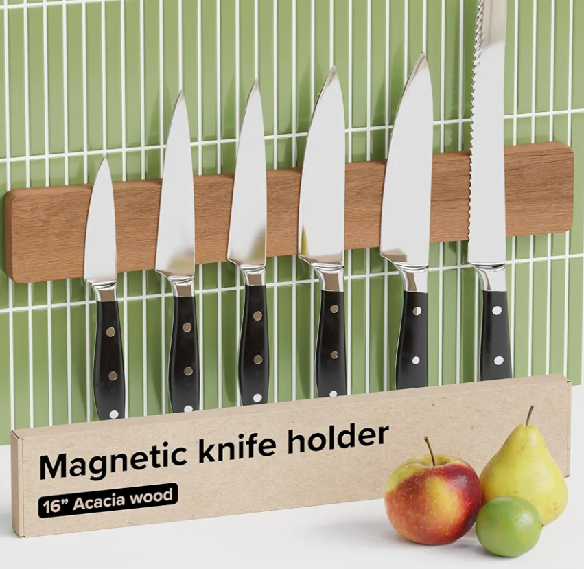 Wooden Knife Magnetic Strip 16" Acacia Wood Natural Beech – Magnetic Knife Holder for Wall no Screws – Kitchen Utensil Holder, Knife Bar, Knife Rack, Kitchen Organizer and Tool Holder