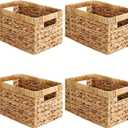 Water Hyacinth Storage Baskets for Shelves Set of 4 Wicker Baskets for Storage and Organizing, Woven Shelf Baskets with Handles for Pantry, Kitchen, Bathroom and Bedroom, 13" x 8.25" x 7"