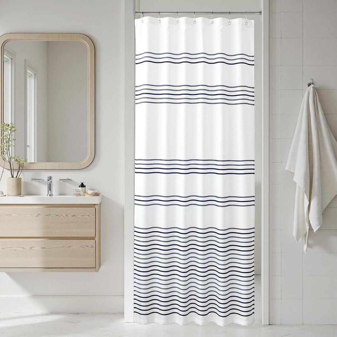 jinchan Small Stall Shower Curtain 36x72 inches Navy Blue and White Modern Farmhouse Striped Waterproof Fabric Shower Curtains for Bathroom with 7 Hooks Machine Washable