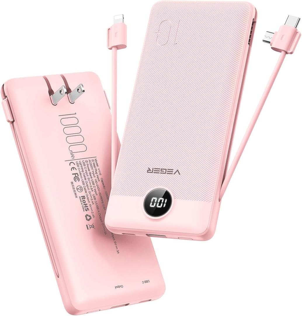 VEGER Portable Charger with Built-in AC Plug and Cables, All in One 10000mAh Ultra Slim Power Bank Travel Essentials, Fast Charging Battery Pack Compatible with iPhone, Samsung, Android (Crepe)
