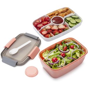 Freshmage Salad Lunch Container To Go, 68-oz Bowls with 4 Compartments, Dressing Container for Toppings, Snacks, Men, Women (Pink-XL)