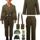 Kids WW2 Soldier Costume Boys Girls Field Jacket Cosplay 6 Pcs Set for Halloween  2XL(11-12years)