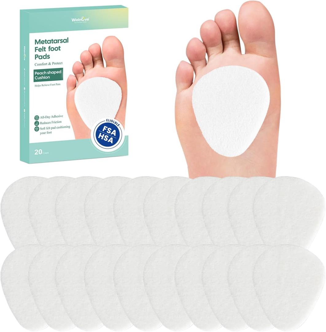 Welnove Metatarsal Foot Pads - 20 Pack Ball of Foot Cushion for Women & Men - 1/4" Thick Adhesive Foam Felt Pads for Pain Relief, Forefoot and Sole Support, Metatarsalgia Plantar Fasciitis Neuroma