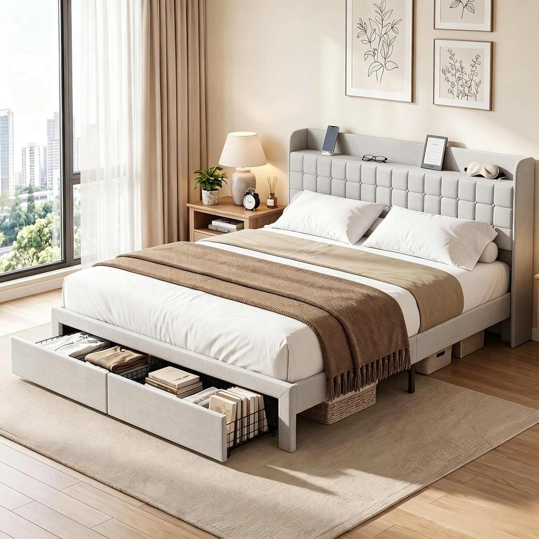 DUMOS King Size Upholstered Platform Bed Frame, King Bed with Storage Drawers and Fabric Headboard, Wooden Slats Support, 1323 lbs Weight Capacity, No Box Spring Needed, Easy Assembly, Light Gray
