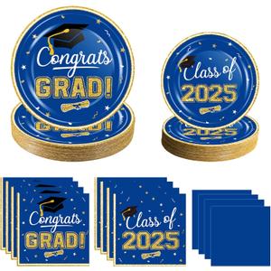 2025 Graduation Party Supplies Tableware Set - 200 Pcs Blue Gold Graduation Plates and Napkins Class of 2025 Disposable Dinnerware for College High School Congrats Grad Party Favors, Serve 50