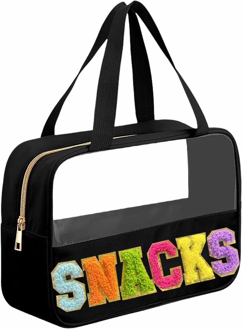 Kovewon Chenille Letter Snacks Bag Clear Snack Bag Pouch with Handle and Zipper Waterproof Nylon Portable Travel Tote Makeup Bag for Women