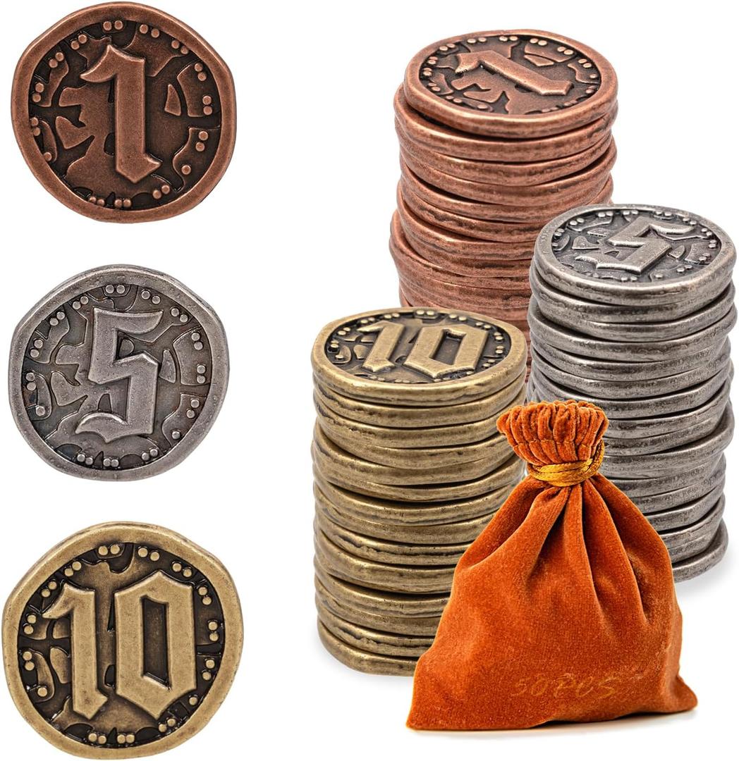 50PCS Metal Coins for Board Games, Gold & Silver Tokens for Poker, RPG, Strategy Tabletop Gaming, Fantasy Metal Coins, Heavy Duty Generic Game Currency
