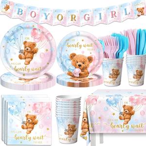 142pcs Baby Shower Boy Decorations Tableware Set Bear Baby Shower Decorations Includes Banner, Plates and Napkins Cups Tablecloth Cutlery Suitable for Teddy Bear Party Supplies Serve 20