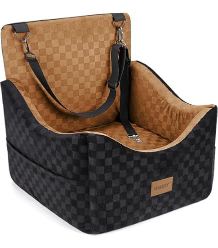 JOEJOY Elevated Dog Car Seat for Small/Medium Dogs up to 35 lbs, Memory Foam Booster Seat with Detachable Washable Cover, Travel-Safe Car Bed with Safety Belts & Storage Pockets, Brown