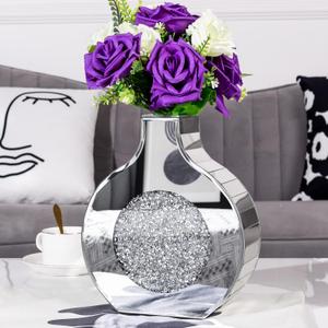 Flower Vase Mirror Finish Vases for Decor, Crystal Decorative Vase for Flower Circle Donut Crushed Diamond Home Decoration Tabletop, Silver 9 inches Tall, Cant Hold Water