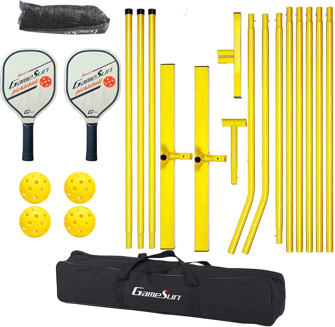 Complete Pickleball net Set for Outdoor, Indoor, Backyard use, Includes Metal Frame, 22 Feet PE net, Paddles, Balls,Carry Bag (Yellow)