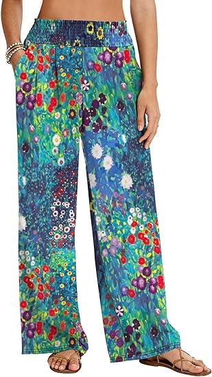 LOMON Womens Elastic High Waisted Palazzo Pants Casual Wide Leg Long Beach Vacation Trousers with Pockets, Large 