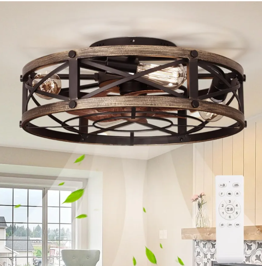 19" Farmhouse Flush Mount Caged Ceiling Fans with Lights, 6 Speeds, Rustic Low Profile Ceiling Fan with Light and Remote, Small Bladeless Ceiling Fans with Lights for Kitchen, Bedroom - ETL