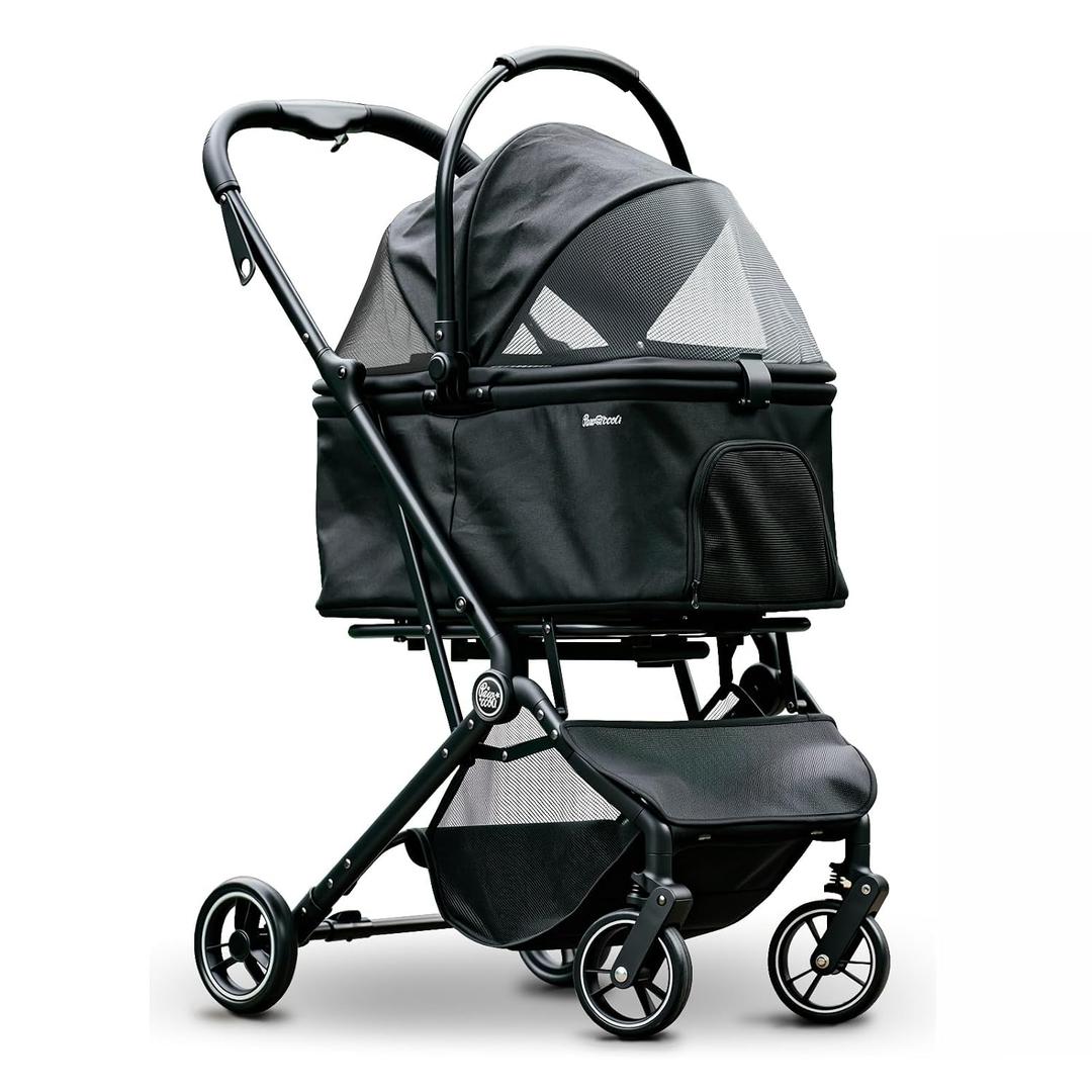 4 Wheels Pet Stroller, Dog Stroller for Small/Medium Dogs and Cats up to 33 lbs, One-Click Fold & Draggable, Removable Carrier, Zipperless Entry, Mesh Windows, Black