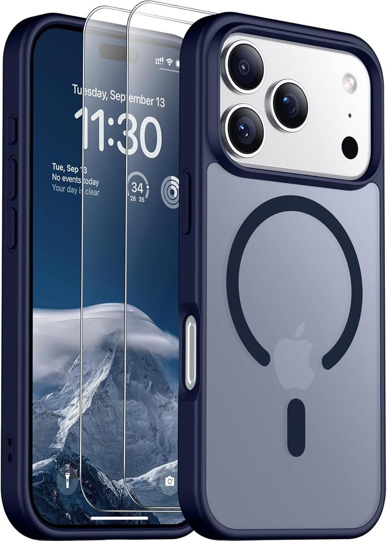 SPIDERCASE Designed for iPhone 17 Pro Case, Magnetic Translucent [2 Tempered Glass Screen Protector] [Camera Protection] Anti-Fingerprint Anti-Scratch for iPhone 17 Pro 6.3”, Blue