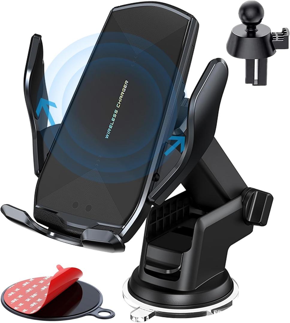 Wireless Car Charger Mount, 15W Qi Fast Charging Auto-Clamping Cell Phone Car Holder Air Vent Windshield Dashboard Long Arm Suction Cup Car Phone Mount for iPhone13 /12/11 Samsung S20/S10/S9/S8 LG (black)
