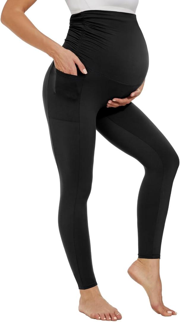 Happy.angel Maternity Leggings with Pockets Over the Belly - Soft Stretchy Yoga Pants for Pregnancy Workouts & Office (XX-Large, Black)