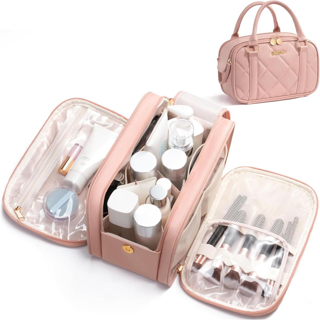 Bagstellar Travel Makeup Bag, Large Capacity Quilted Toiletry Bag for Women Stand-up Cosmetic Bag Open Flat Make Up Case Organizer Portable Pouch Purse w/Handle for Traveling Accessories, Pink