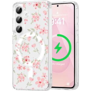 QLTYPRI for Samsung Galaxy S26 Case, Compatible with Magsafe, Aesthetic Cute Floral Flower Phone Case, Clear Anti -Yellowing Shockproof Magnetic Phone Cover for Women Girls - Pink