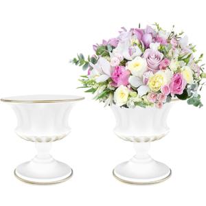 White Vase for Centerpieces Compote Bowl: Wedding Pedestal Vase 5.9 Inch Metal Flower Urn for Table Party Home Decor Set of 2