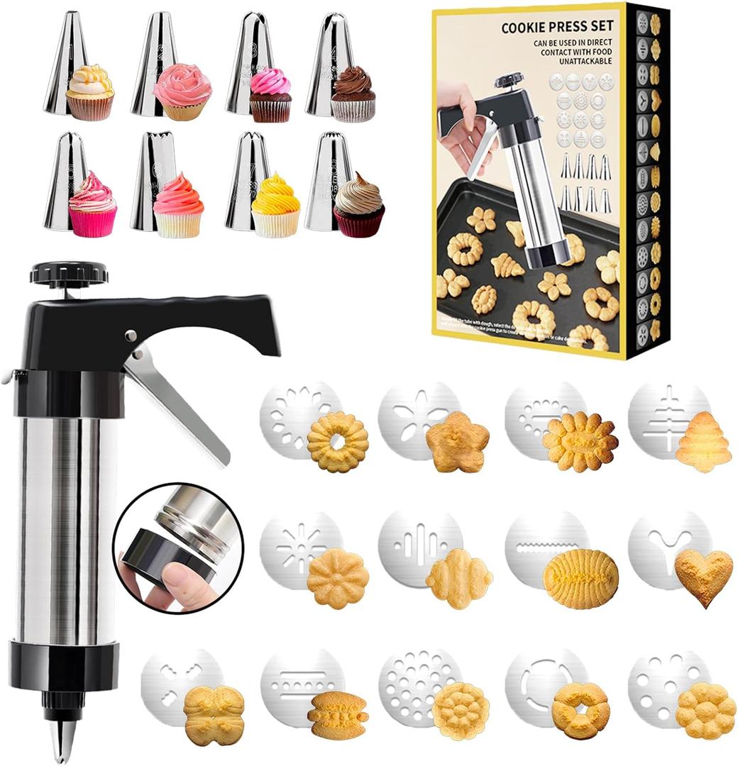 Cookie Press Gun Black - Spritz Cookie Press Kit with 13 Discs & 8 Piping Tips | Perfect for Thanksgiving Christmas, Baking & Cake Decorating